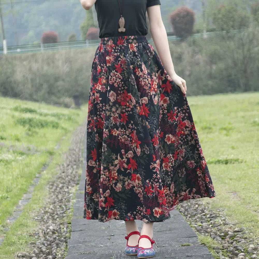 Bohemian Floral Print Cotton Linen Maxi Skirt | Wovetsa
