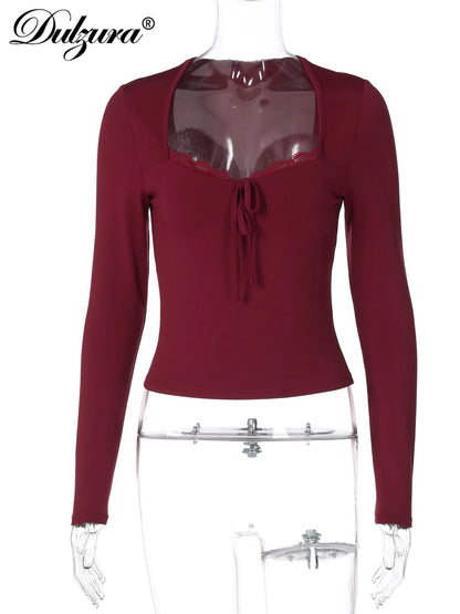 Square Neck Lace-Up Ruffle Slim Top | Wovetsa