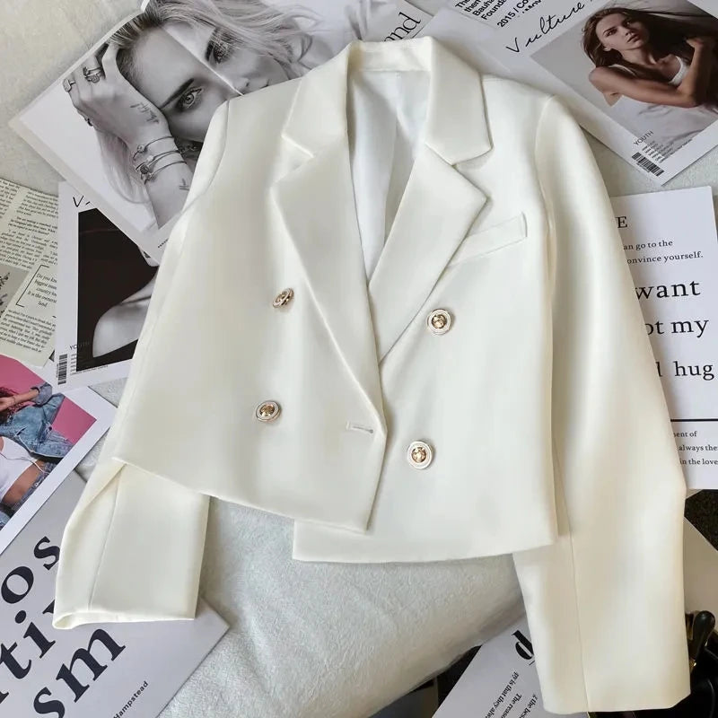 2023 Autumn Fashion Blazers Women Temperament Solid Double Breasted Cropped Jacket Woman Basic All Match Suit Outwear Female