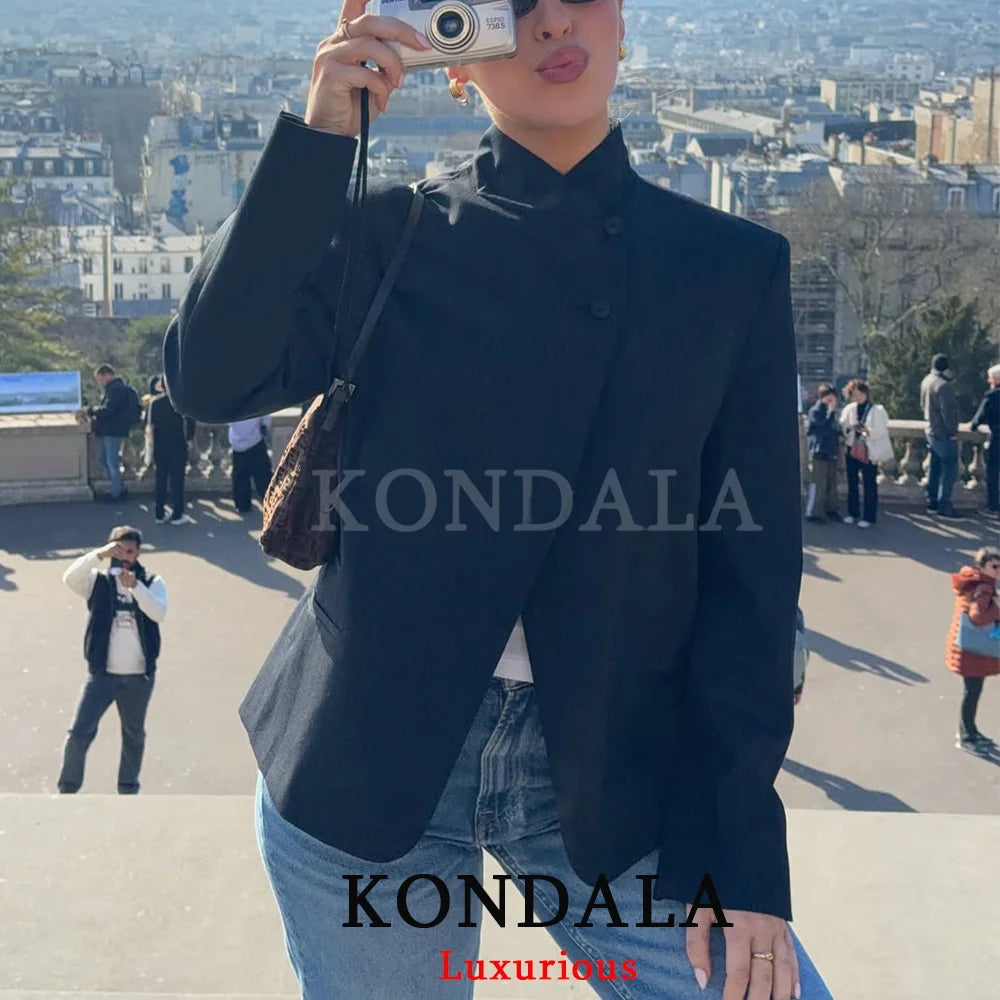 Solid O-Neck Straight Blazer | Wovetsa