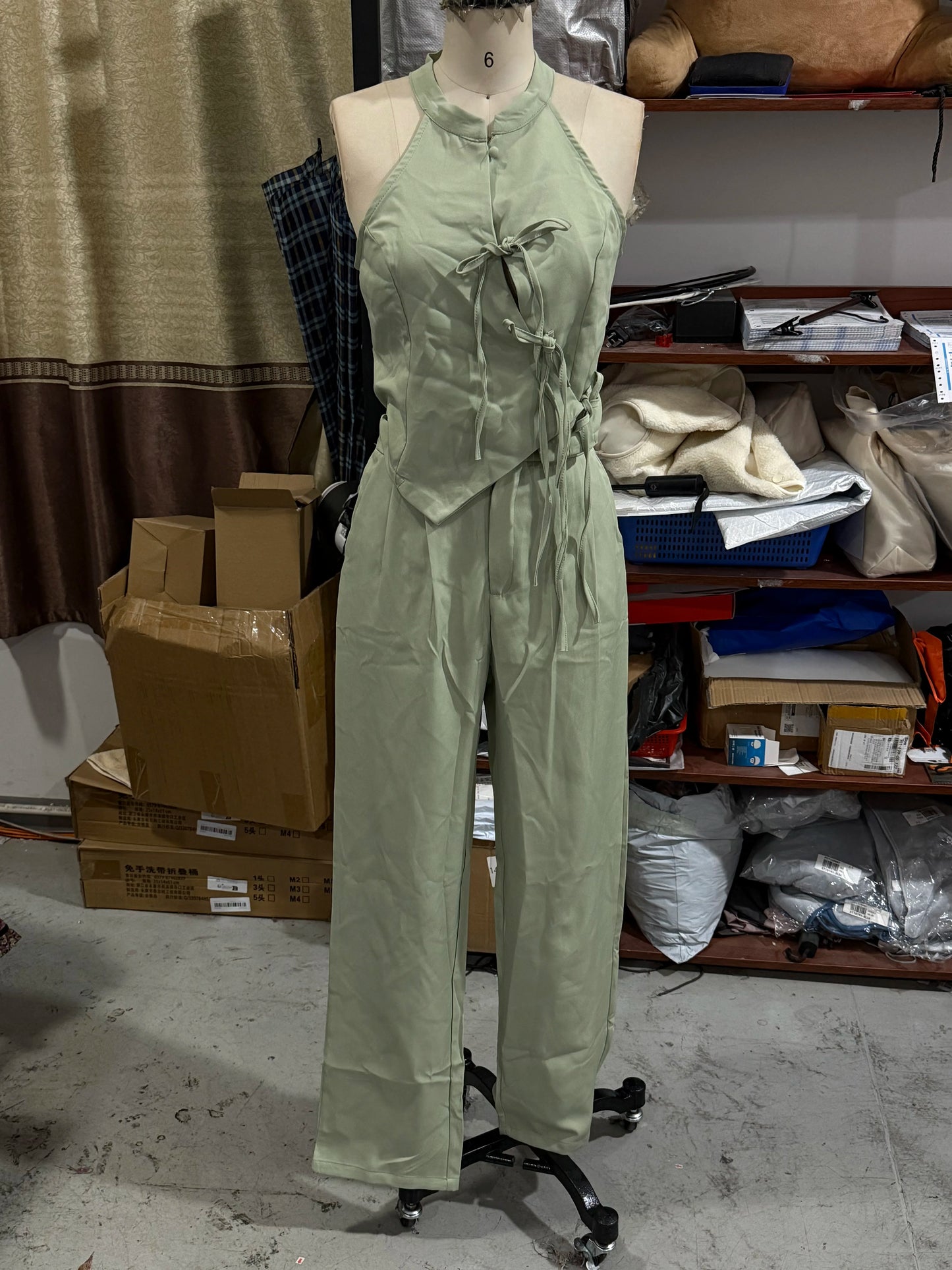 Green Bowknot Wide-Leg Pant Suit | Wovetsa