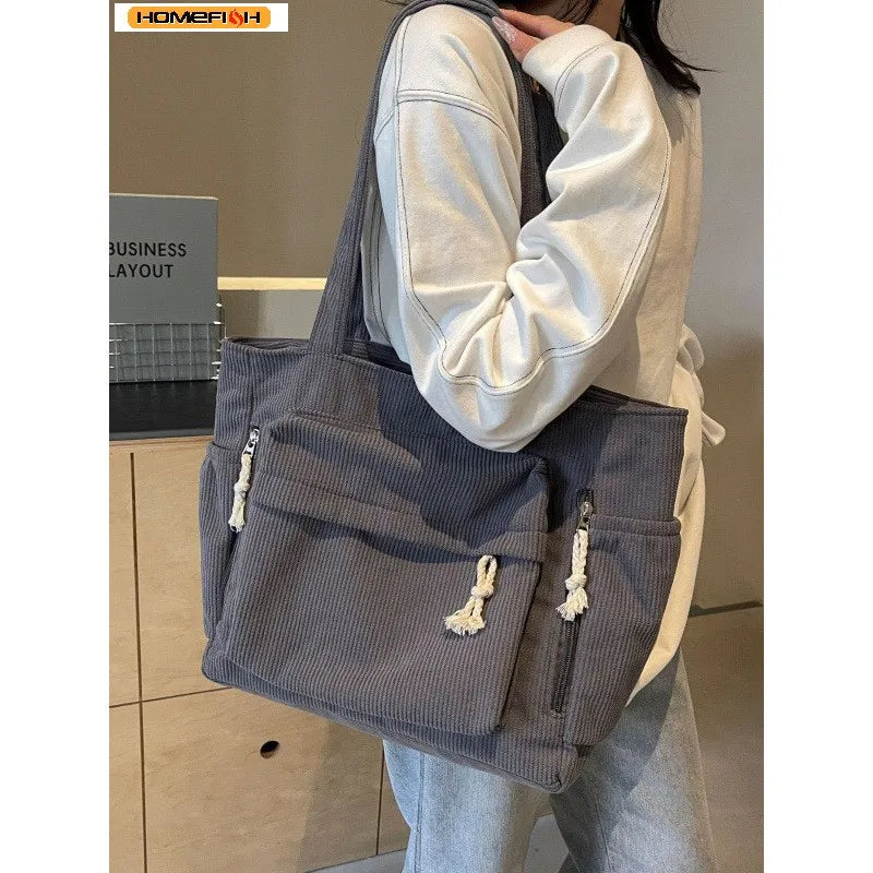 Corduroy Multi-Pocket Shoulder Tote Bag | Wovetsa