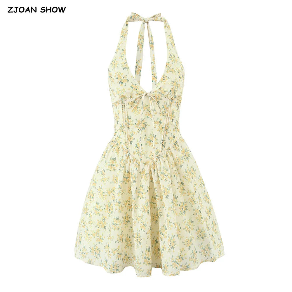 Women's Yellow Floral Halter Mini Dress – Elegant Summer Fit & Flare Style