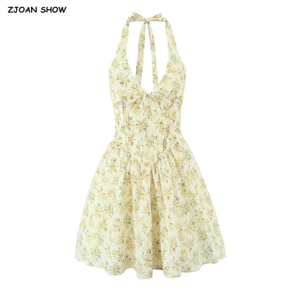 Women's Yellow Floral Halter Mini Dress – Elegant Summer Fit & Flare Style