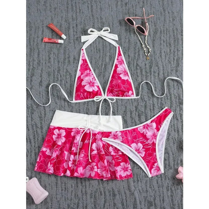 Floral Color Block Triangle Halter 3-Piece Bikini Set | Wovetsa