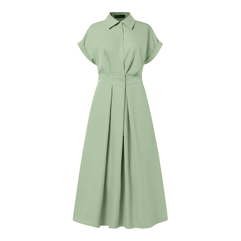 Short Sleeve Button-Down A-Line Midi Dress | Wovetsa