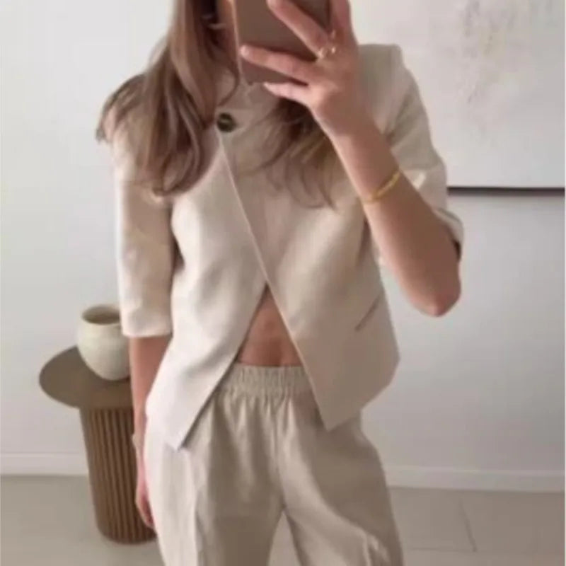Short Sleeve Blazer with Shoulder Pads | Wovetsa