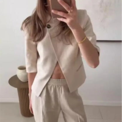 Short Sleeve Blazer with Shoulder Pads | Wovetsa