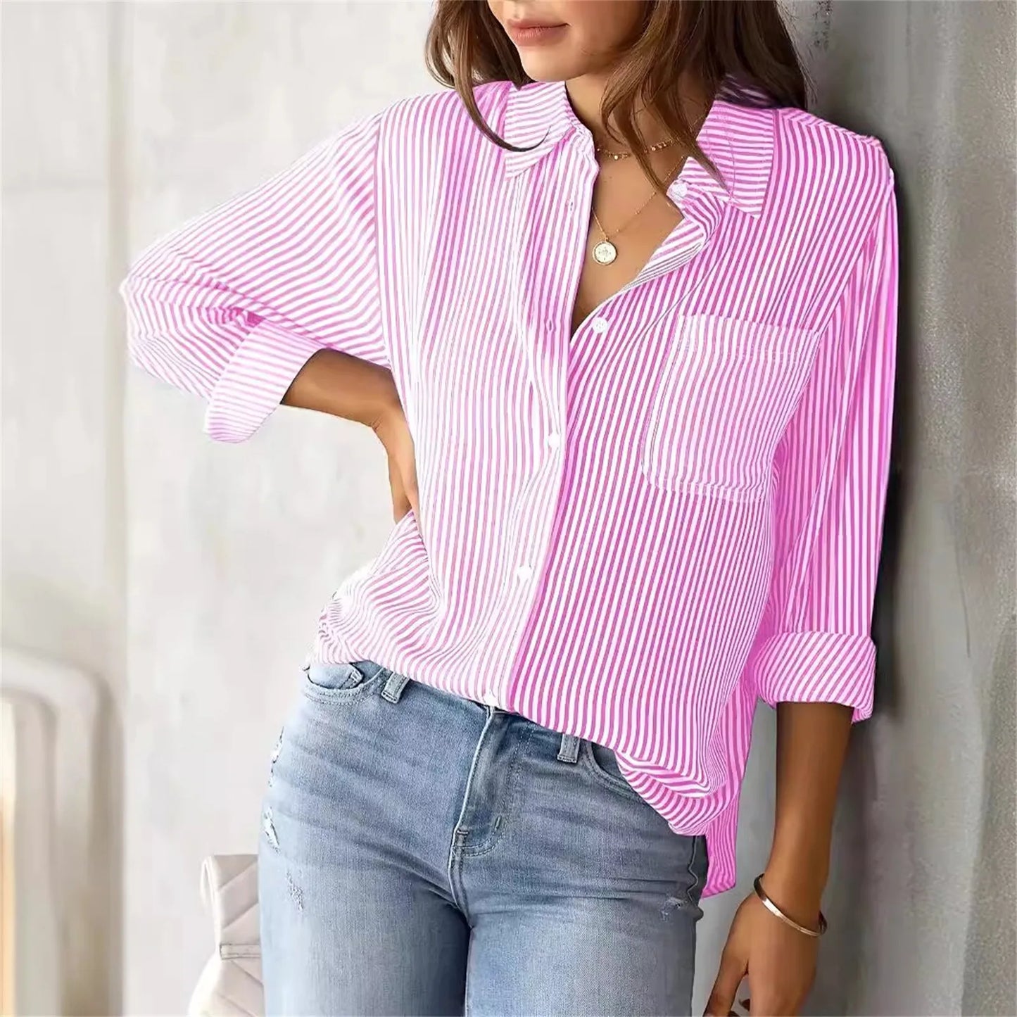 Autumn Striped Shirt for Women Long-Sleeved Lapel Single-Breasted Casual Shirts Elegant and Stylish Women's Commuter Shirt