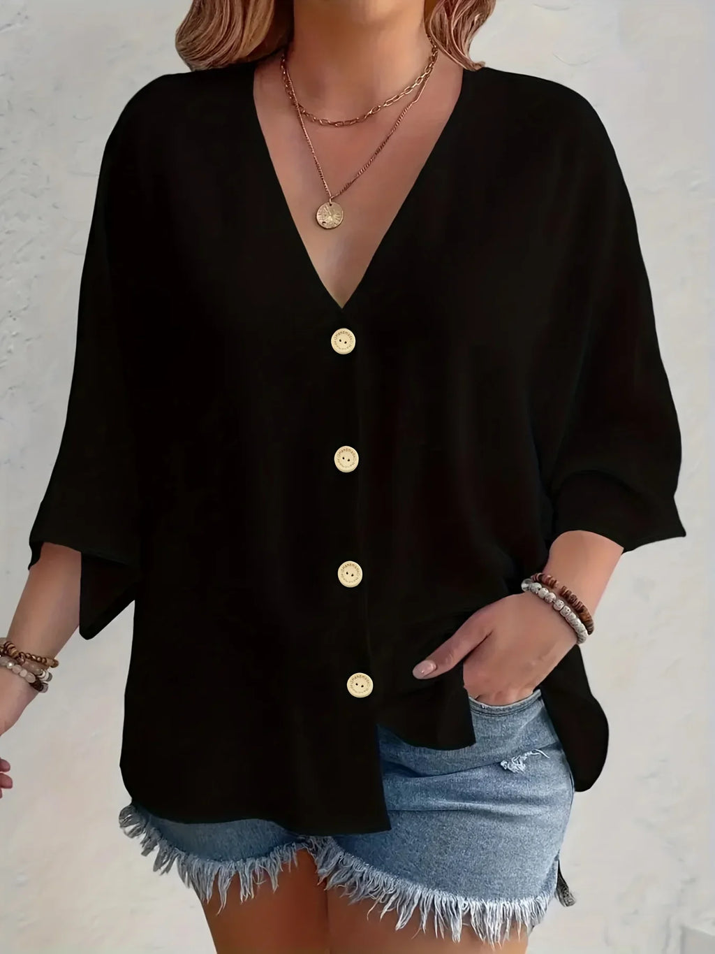 Plus Size V-Neck Button Detail Long Sleeve Blouse | Wovetsa