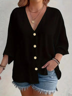 Plus Size V-Neck Button Detail Long Sleeve Blouse | Wovetsa