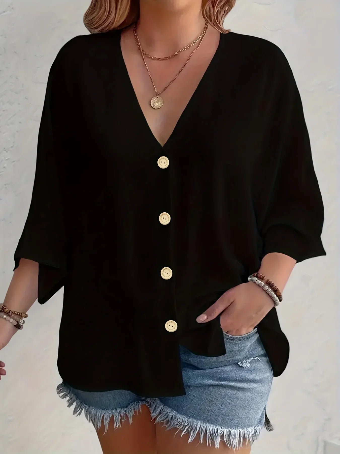 Plus Size V-Neck Button Detail Long Sleeve Blouse | Wovetsa