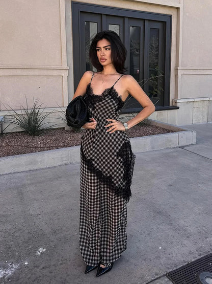 Plaid Lace Spliced Women's 2-Piece Sets Chic Irregular Off Shoulder Sleeveless Backless Top Wide Leg Pants 2026 Summer Women Set