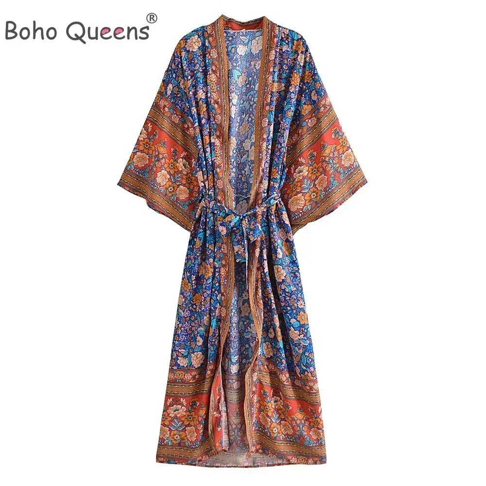 Floral Print Bohemian Kimono Maxi Cover-Up | Wovetsa