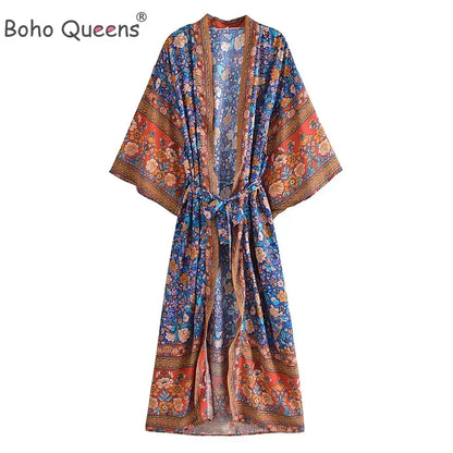 Floral Print Bohemian Kimono Maxi Cover-Up | Wovetsa