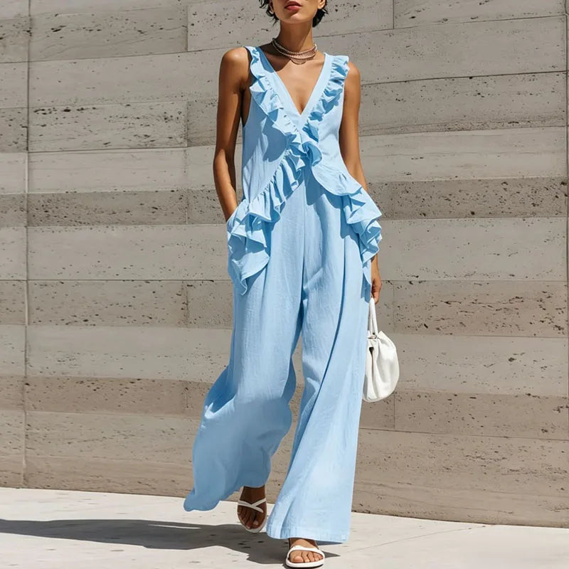 Women's Summer Ruffle Jumpsuit V Neck Wide Leg Vacation Style One Piece Outfit
