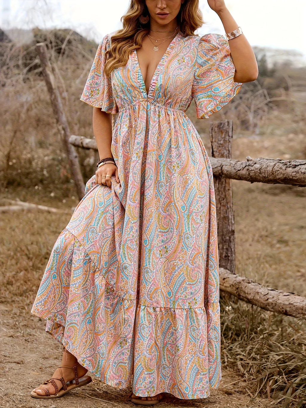 Plus Size Paisley Print Butterfly Sleeve Maxi Dress | Wovetsa