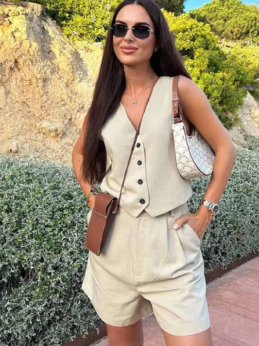 Women's Green Summer Two Piece Set | Relaxed Elegant Vest and Shorts Outfit