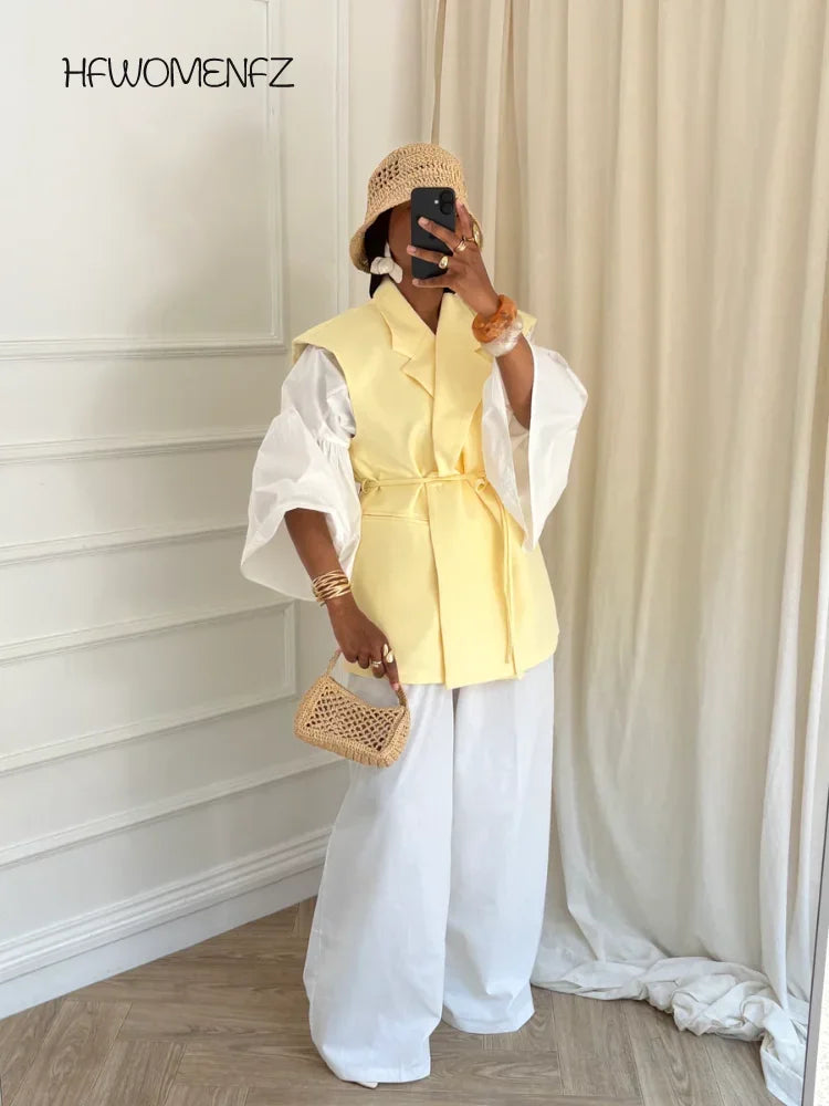 Office Sleeveless Lace Up Blazer Women Party Solid Turn-down Collar Button Blazers Female 2026 SPpring Summer Evening Coat Lady