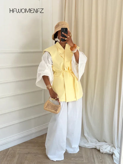 Office Sleeveless Lace Up Blazer Women Party Solid Turn-down Collar Button Blazers Female 2026 SPpring Summer Evening Coat Lady