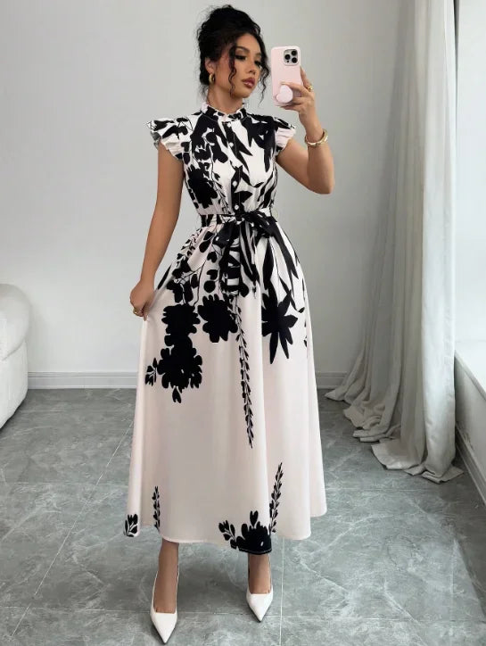 Women's Elegant Black White Midi Dress | Belted A-Line Sleeveless Summer Dress