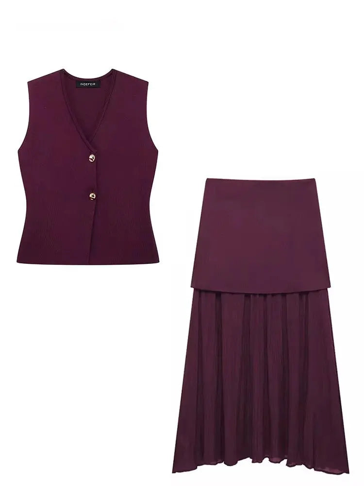 Women's Knit V-Neck Vest & Long Skirt Two Piece Set | Wovetsa
