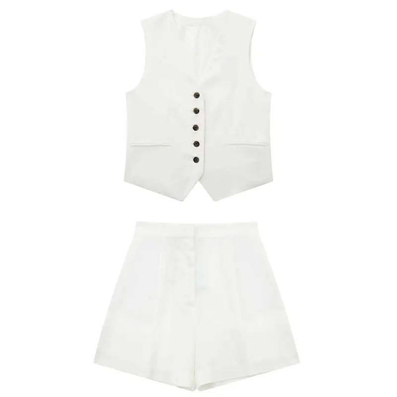Women's Green Summer Two Piece Set | Relaxed Elegant Vest and Shorts Outfit