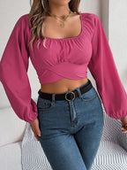 Women's Square Neck Crop Shirt with Bow Tie Back | Wovetsa