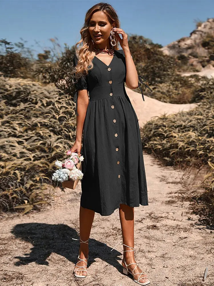 V-Neck Linen Blend A-Line Midi Dress | Wovetsa