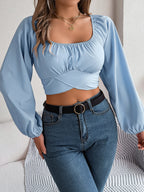 Women's Square Neck Crop Shirt with Bow Tie Back | Wovetsa