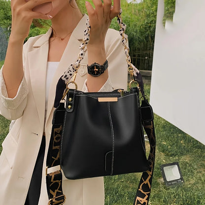 PU Leather Bucket Bag with Chain & Scarf Strap | Wovetsa