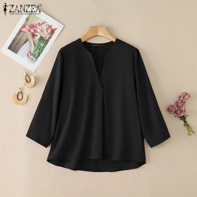 V-Neck 3/4 Sleeve Cotton Blouse | Wovetsa
