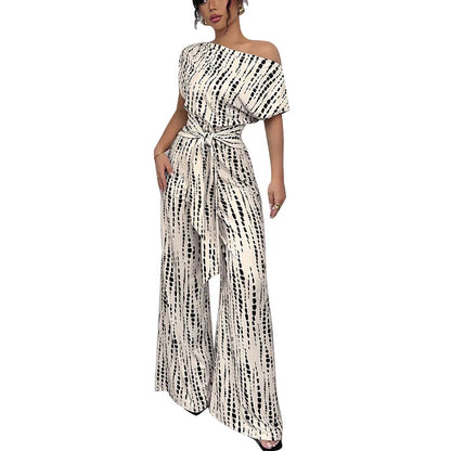 Printed Short-Sleeve Wide-Leg Jumpsuit | Wovetsa