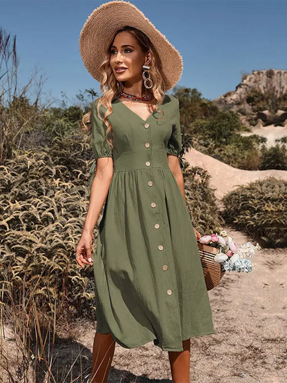V-Neck Linen Blend A-Line Midi Dress | Wovetsa