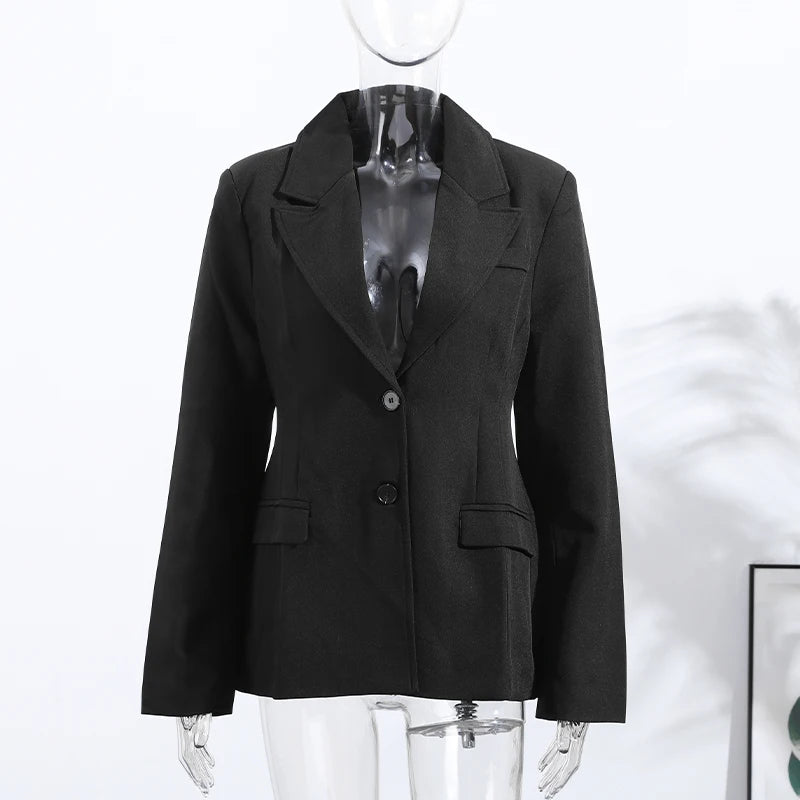 Elegant Women's Black Slim Blazer Fashion Lapel Shoulder Pads Full Sleeve Pockets Female Jacket 2025 New Office Lady Streetwear