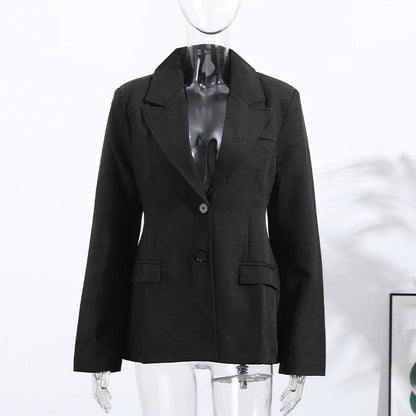 Elegant Women's Black Slim Blazer Fashion Lapel Shoulder Pads Full Sleeve Pockets Female Jacket 2025 New Office Lady Streetwear
