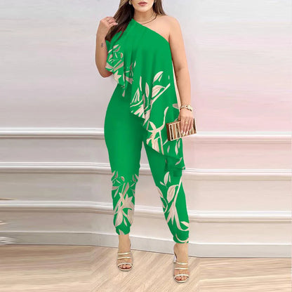 Diagonal Shoulder Ruffle Wide Leg Jumpsuit | Wovetsa
