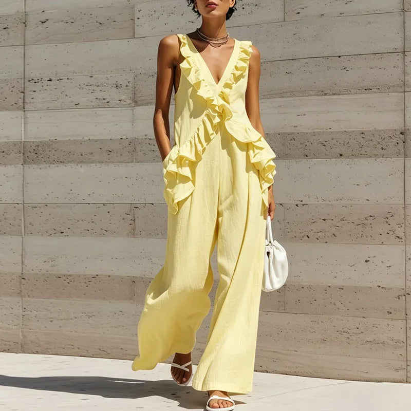 Women's Summer Ruffle Jumpsuit V Neck Wide Leg Vacation Style One Piece Outfit