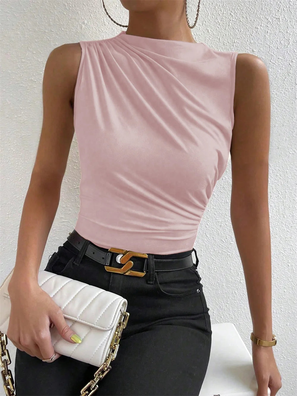 Mock Neck Ruched Sleeveless Tank Top | Wovetsa