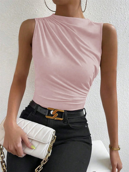Mock Neck Ruched Sleeveless Tank Top | Wovetsa