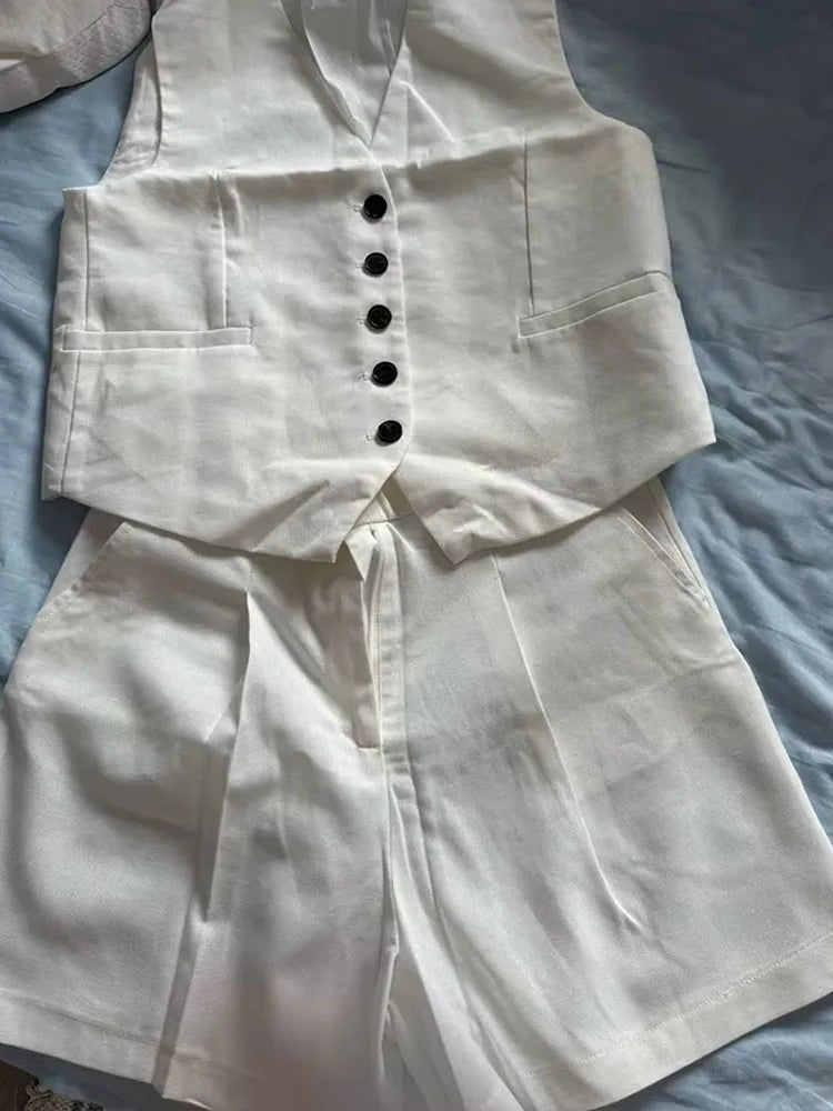 Women's Green Summer Two Piece Set | Relaxed Elegant Vest and Shorts Outfit