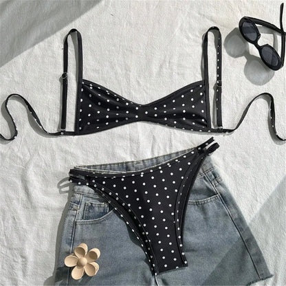 Polka Dot V-Neck High-Leg Bikini Set | Wovetsa