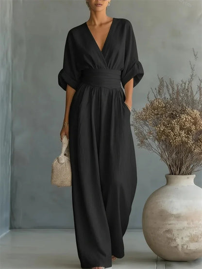 Ruched V-Neck Wide-Leg Jumpsuit | Wovetsa