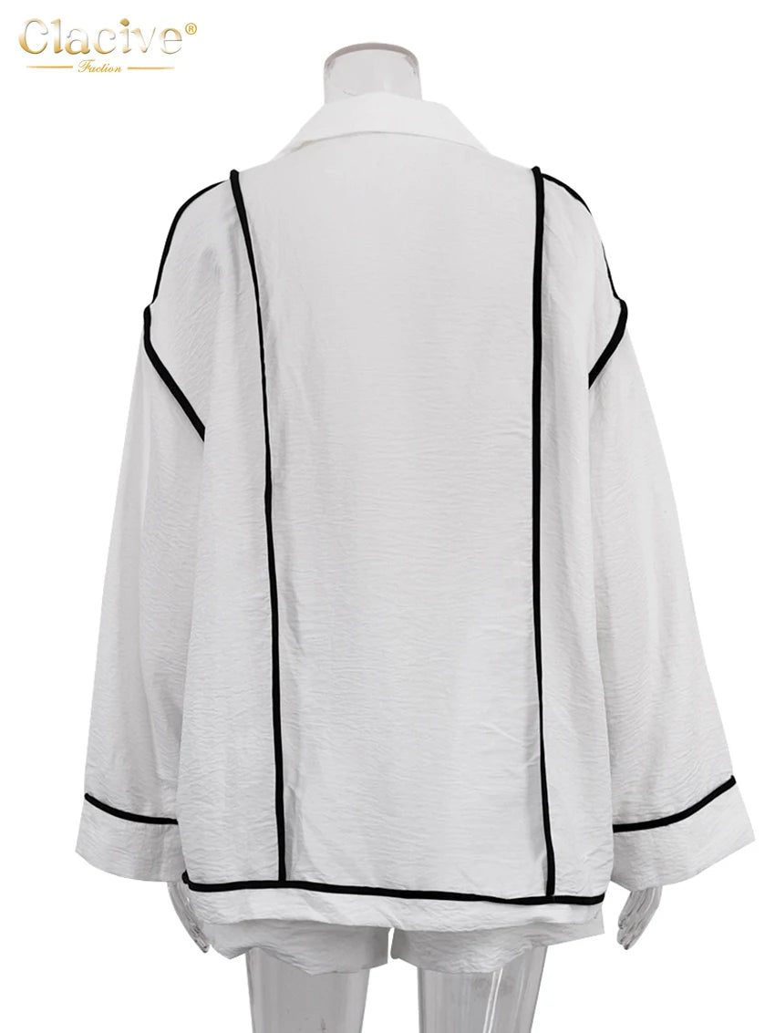 White Long Sleeve Shirt & High Waist Shorts Set | Wovetsa