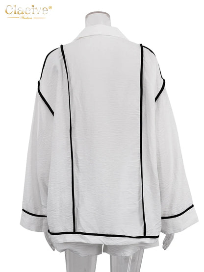 White Long Sleeve Shirt & High Waist Shorts Set | Wovetsa