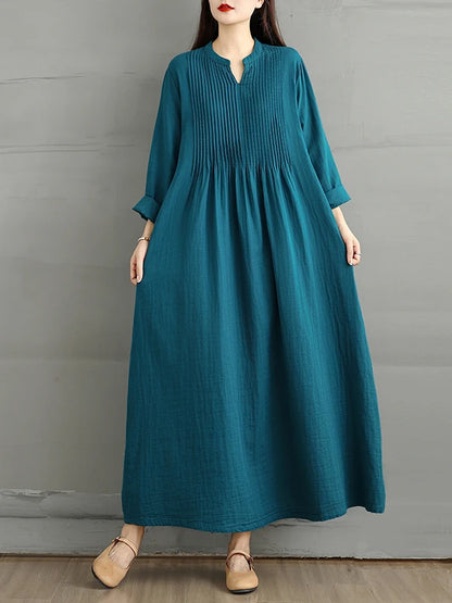 Blue High Waist A-Line Long Sve Maxi Dr Women's Midi Skirt Double Layered Simple Loose Versatile Cotton Linen Blend Dr