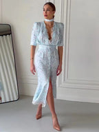 Elegant Lace Trimmed Printed Dress Women Chic Deep V-neck Waist Cinching Split Short Sleeve Maxi Dress Lady Party Vestidos 2026