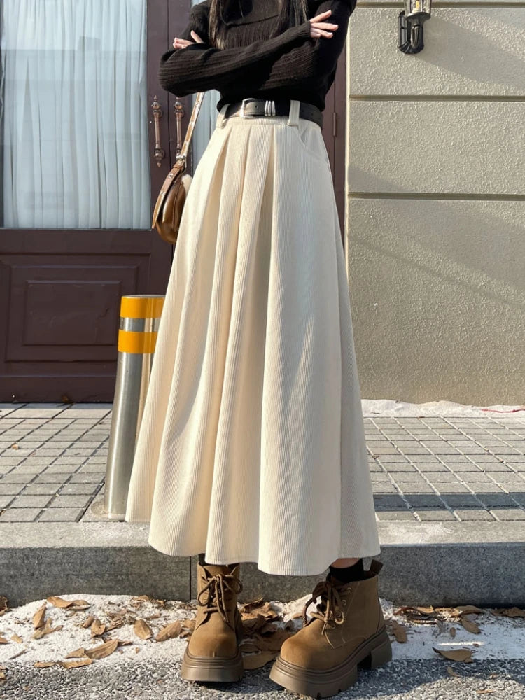 High Waist Corduroy Pleated Midi Skirt with Belt | Wovetsa