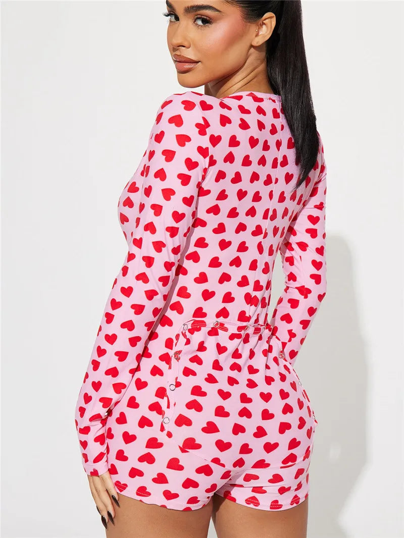 Heart Print Button-Front Short Romper | Wovetsa