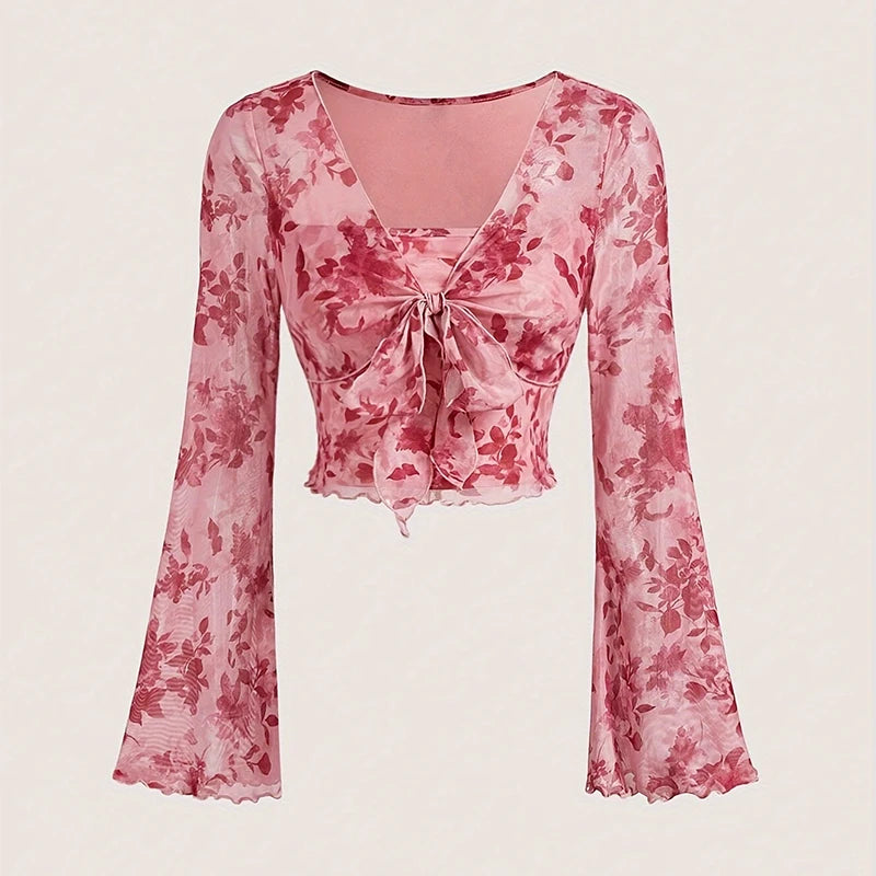 Y2K Floral Mesh Flare Sleeve Top | Wovetsa